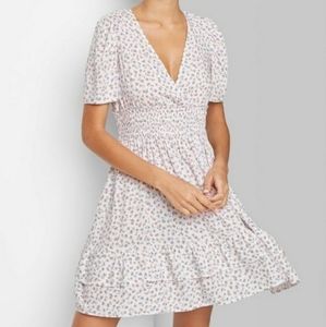 Women's Short Sleeve Plunging Smocked Waist Dress